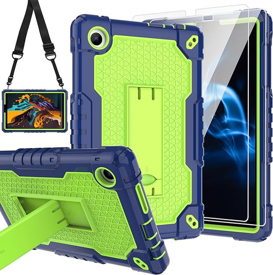 for TCL Tab 8 V/TCL AT&ampT Tab 8 SE (6048E) Tablet Case with Screen ProtectorSoft Silicone Rubber Heavy Duty Hybrid Had Back Shell Protection Build in Kickstand (Navy Blue/Green/2 PCS)