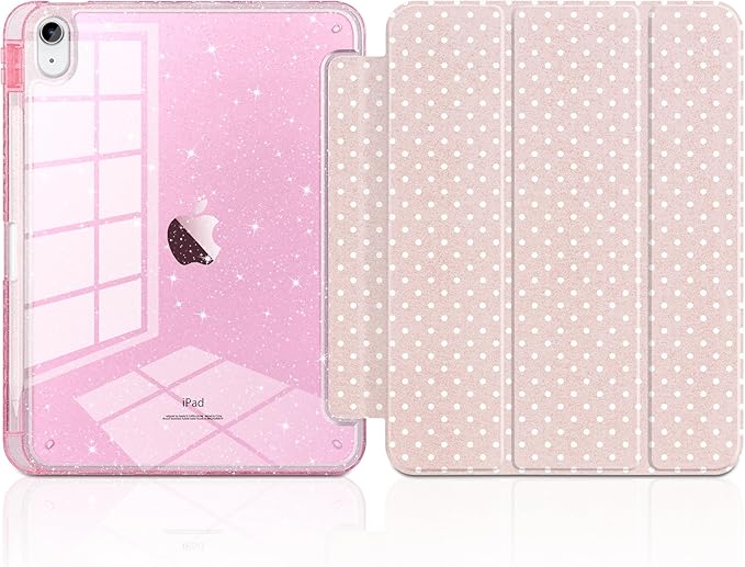 MEEgoodo Case for iPad A16 11th Generation 2025/10th Generation 2022 Glitter Tablet Cases with Transparent Acrylic Back+Trifold Stand +Pencil Holder+Auto Wake/SleepBlush Pink &amp Polka Dots
