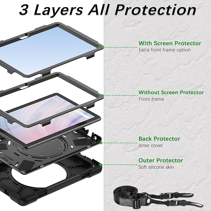 Weuiean Case for 10/10 Plus 13th Generation 10.1 2023 Military-Grade Heavy-Duty Shockproof Cover with 360° Rotating Stand Built-in Pencil Holder &amp Adjustable Hand/Shoulder Strap - Black