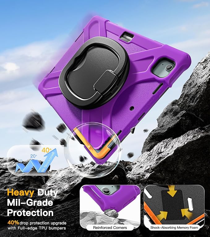BRAECN Case for iPad Air 13 Inch M4 2026/M3 2025/M2 2024 &amp iPad Pro 12.9 6th/5th/4th/3rd Gen: Military Grade Silicone Protective Cover with Pencil Holder Kickstand Handle Shoulder Strap Purple