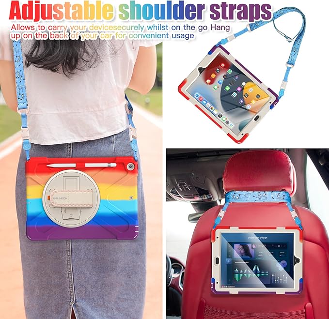 BRAECNstock Kids Case for Apple iPad 9th/ 8th/ 7th Generation 10.2 Shockproof Protective with Screen Protector Pen Holder 360° Rotating Stand+Hand Strap Shoulder Strap Colorful Red