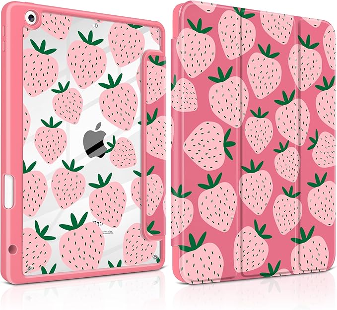 MEEgoodo Case for iPad 10.2 inchTablet Cases for iPad 9th Generation 2021/8th Gen 2020/7th Gen 2019 with Clear Acrylic Back Shell+Pencil Holder+Auto Wake/Sleep+Trifold StandMinimalist Strawberry