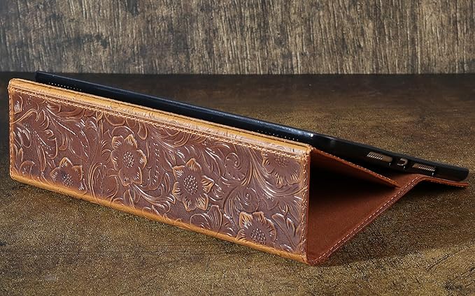 Gexmil Genuine Leather Case for iPad 10.2 Inch CaseCowhide Folio Cove for iPad 9/8/7 Generation(2021/2020/2019) Anti Fingerprint/Slipr Auto Sleep/Wake with Adjustable StandFlower Brown