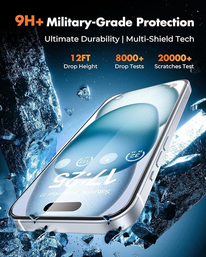 UNBREAKcable for iPhone 15 Screen Protector 4+2 Pack [9H+ Military-Grade Shatterproof] [Effortless Bubble-Free Installation] Ultra HD Clarity Tempered Glass with Lens Protector Case friendly
