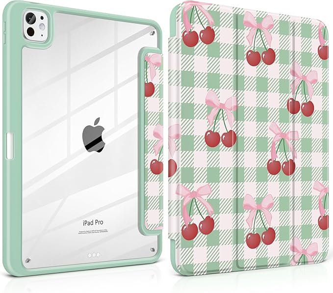 DONGKE for iPad Pro 11-Inch Case (M5 2025 / M4 2024) 6th/5th Generation [Auto Sleep/Wake &amp Pencil Pro Holder] Clear Acrylic Back Smart Trifold Stand Cover Green Cherry