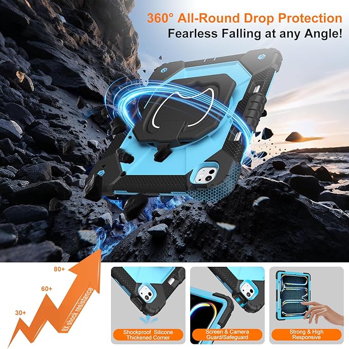 Case for iPad Pro 13 Inch M5 2025 / M4 2024 Auorld for iPad Pro 13 Inch M5 2025 with Screen Protector 360 Degree Rotating Stand Shoulder Strap Pencil Holder Black Blue
