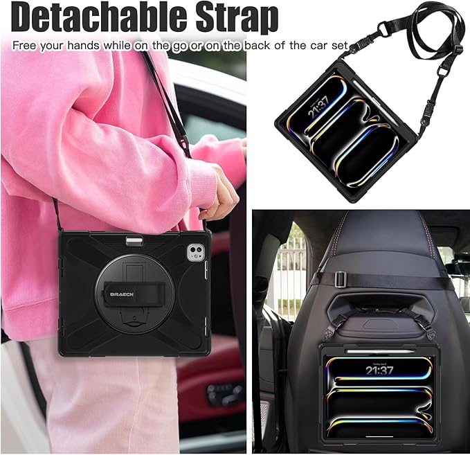 BRAECNstock for Apple iPad Pro 13 inch Case M5 2025 / M4 2024 Shockproof Protective with Pencil Holder [360 Rotating Hand Strap &amp Stand] Shoulder Strap Case for iPad Pro 13 Black
