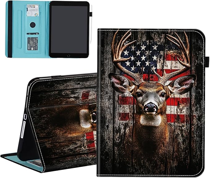 Case for Samsung Galaxy Tab S9 FE 5G 10.9 Inch/Tab S9 11 Inch 2023Wallet PU Leather Folio Cover Multi-Angle Stand with Auto Wake/SleepRustic American Flag Deer