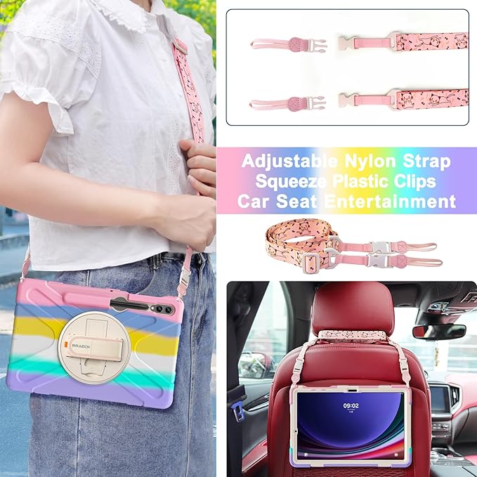 BRAECN for Samsung Galaxy Tab S10+ Plus/S9+/S9 FE + /S8+ Plus/S7 +Plus /S7 FE 12.4 InchHeavy Duty Shockproof Case with S Pen Holder&amp360 Rotating Hand Strap/Kickstand/Shoulder Strap -Rainbow