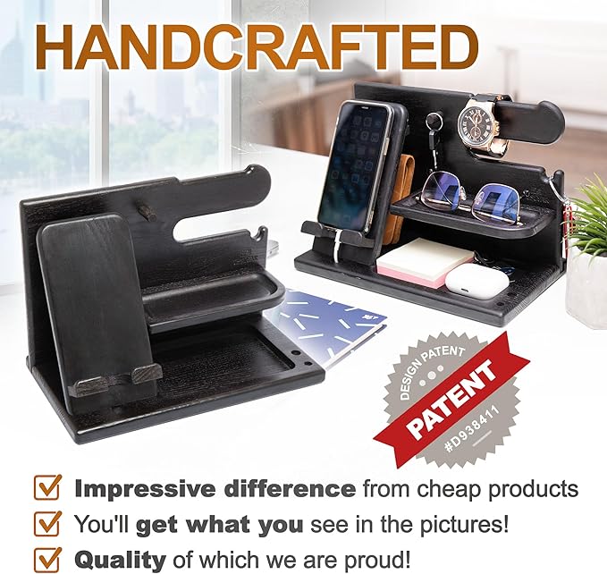 TESLYAR Wood Phone Docking Station for Men - Desk or Nightstand Organizer - Birthday Gifts for Husband Dad - Anniversary Idea from Wife - Key Holder Stand Wallet Watch &amp Essentials (Granite Bla