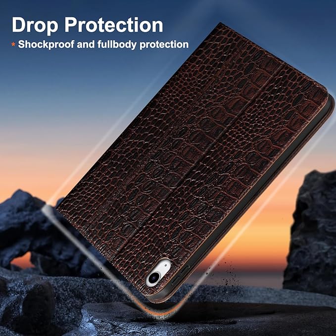 Gexmil Leather Case for iPad (A16) 11th Generation 11 Inch 2025 iPad 10th Generation 10.9 Inch 2022Protective Full Grain Leather Cover Support Auto Sleep/WakeAnti SlipBrown Crocodile