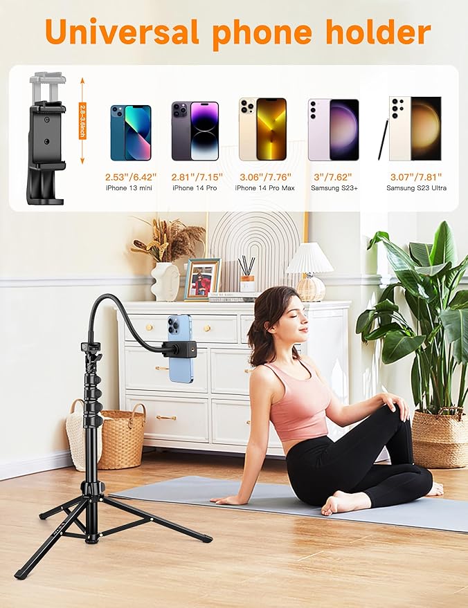 Phone Tripod 86 Tall Tripod for iPhone with Flexible Gooseneck &amp Remote Portable Aluminum Cellphone Stand for Selfies Video RecordingTravel Compatible with iPhone Android