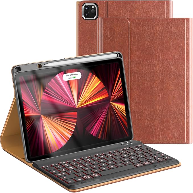 Leather Keyboard Case for iPad Air 5th 4th Generation 10.9 inch Pro 11 1st/2nd/3rd/4th 7 Color Backlight BT Keyboard Folio with Pencil Holder 2022 2021 2020 2018 (Brown)