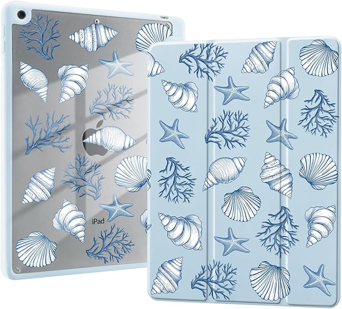 Blue Ocean Seashell Case for iPad Air 13 Inch M2/M3(2024/2025) with Pencil Holder Cartoon Girly Leather Clear Back Shell Foldable Protective Cover