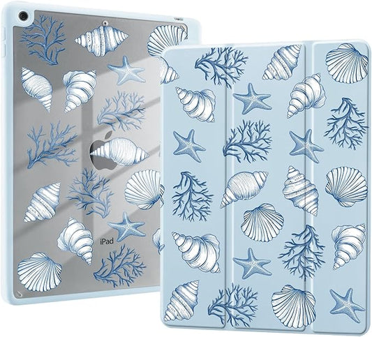Blue Ocean Seashell Case for iPad Air 13 Inch M2/M3(2024/2025) with Pencil Holder Cartoon Girly Leather Clear Back Shell Foldable Protective Cover