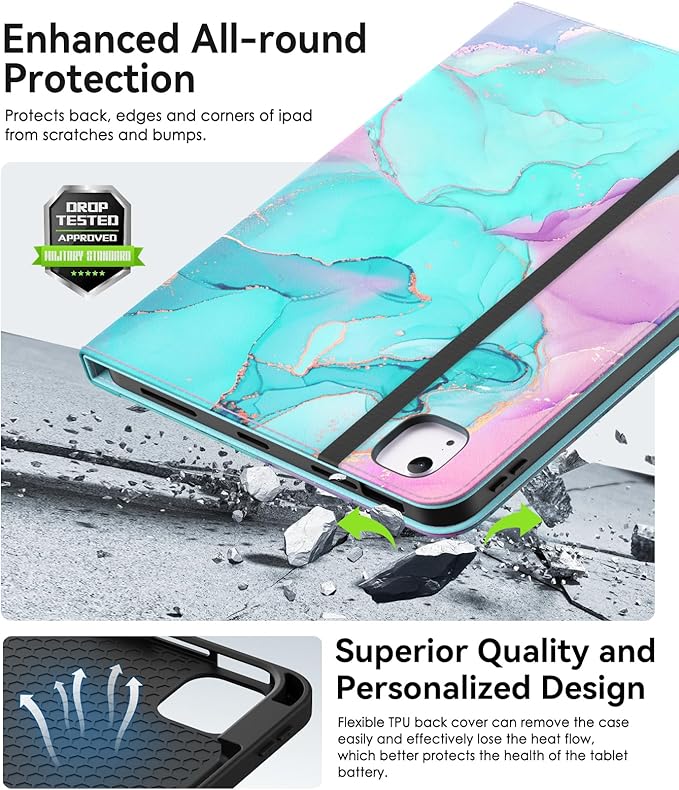 Case for iPad Air 11-inch M3/M2 (2025/2024) iPad Air 5th/4th Generation 10.9'' (2022/2020) iPad Pro 11 (4th/3rd/2nd/1st Gen) Multi-Angle Stand Cover with Pencil Holder Marble Teal Pink