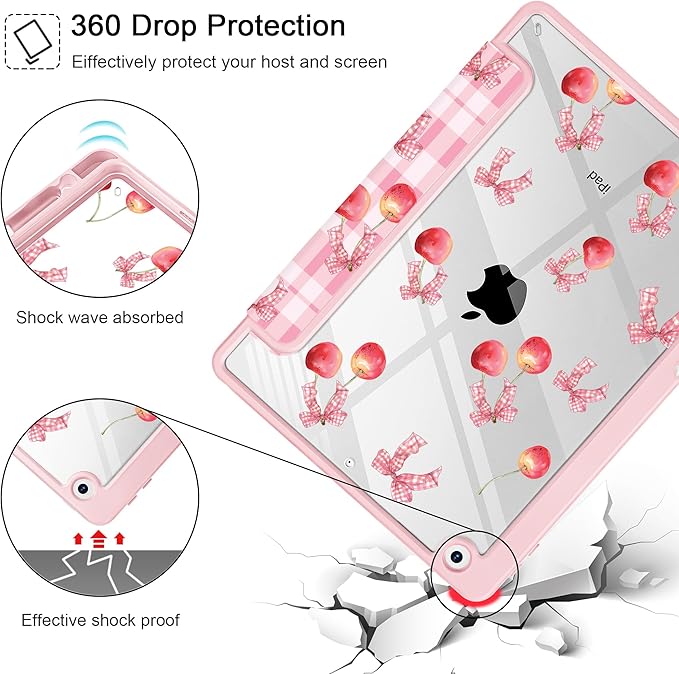 for iPad 9th Generation with Pencil Holder iPad 8th/7th Gen Case 10.2-inch [Built in Pencil Holder] Trifold Stand Auto Wake/Sleep Clear TPU Protection Back Cover Cherry Bow P704