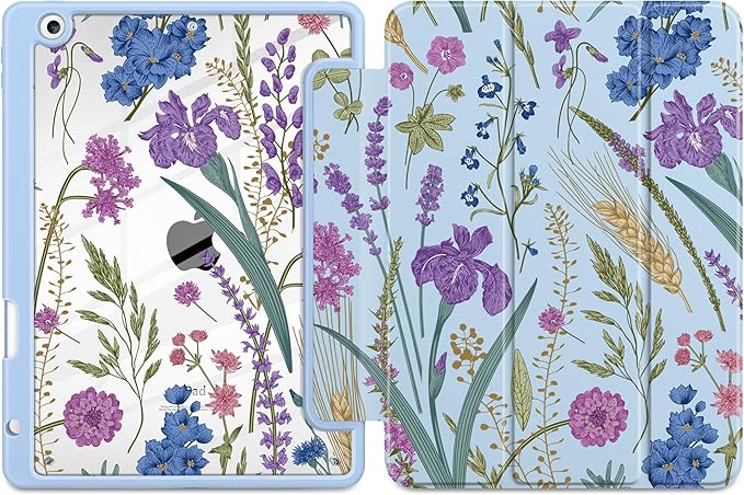 DONGKE for iPad 9th/8th/7th Generation Case 10.2 Inch (2021/2020/2019) [Auto Sleep/Wake &amp Pencil Holder] Clear Acrylic Back Trifold Stand Cover Blue Botanical Wildflower