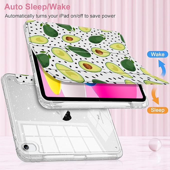 MEEgoodo Case for iPad A16 11th Generation 2025/10th Generation 2022 Glitter Tablet Cases with Transparent Acrylic Back+Trifold Stand +Pencil Holder+Auto Wake/SleepAvocado