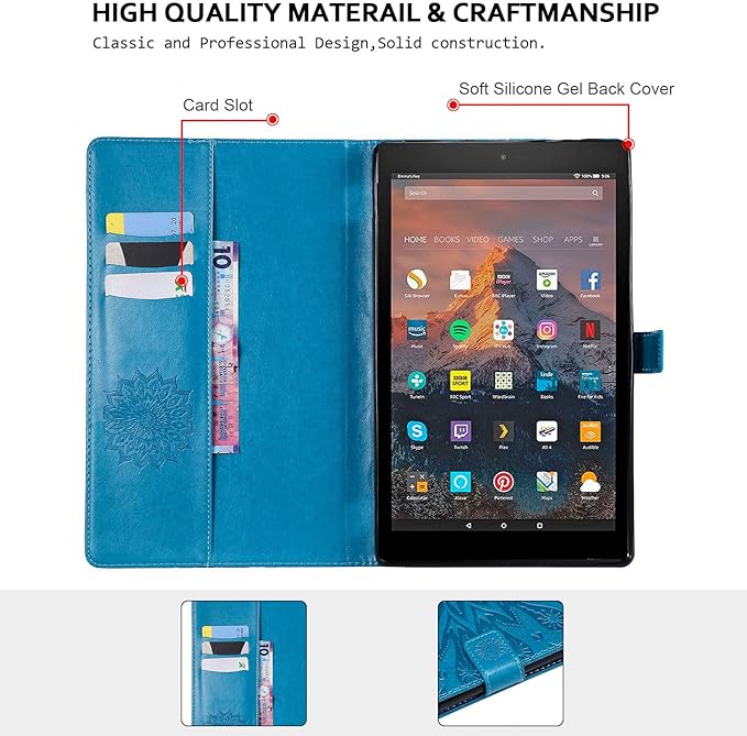Folio Case for Fire HD 10 (9th/7th/5th Generation 2019/2017/2015 Release) Techcircle Sunflower Embossed Stand Protective Cover with Card/Cash Holder for Amazon Fire HD 10.1 Inch Tablet Blue