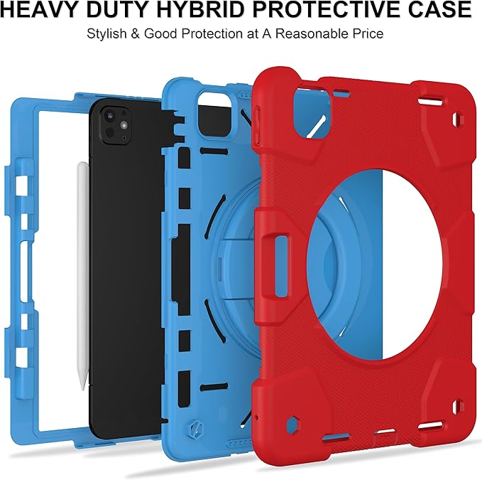 Case for iPad Pro 11 Inch M4 2024/M5 2025 Case Heavy Duty Shockproof Cover with Screen Protector/360° Rotate Stand/Shoulder Strap/Pencil Holde (Red+Blue iPad Pro M4/M5 11 inch)