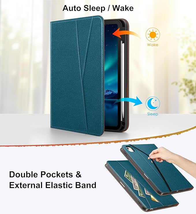 DTTO for iPad Air 11 inch Case M4 / M3 / M2 (2026/2025/2024) iPad Air 5th / 4th Gen (2022/2020) 360 Degree Rotating Premium Leather Folio Stand Cover with Pencil Holder Light Blue