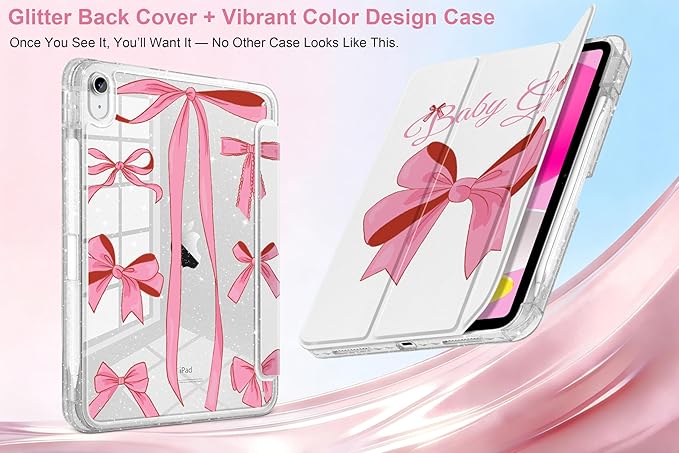 MEEgoodo Case for iPad A16 11th Generation 2025/10th Generation 2022 Glitter Tablet Cases with Transparent Acrylic Back+Trifold Stand +Pencil Holder+Auto Wake/SleepPink Girly Vintage Bows