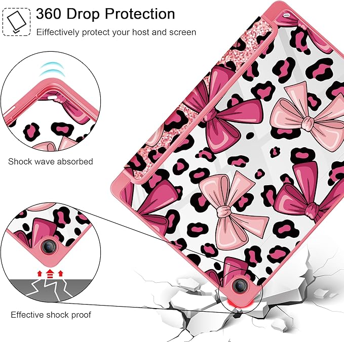 Tuiklol for Samsung Galaxy Tab A9+ Tablet 11” / A9+ Plus 2024 2023Buit-in S-Pen Holder with Clear Protective Cover Transparent Back Shell Auto Wake/Sleep Samsung Tab A9 Plus CoverLeopard Print Bow