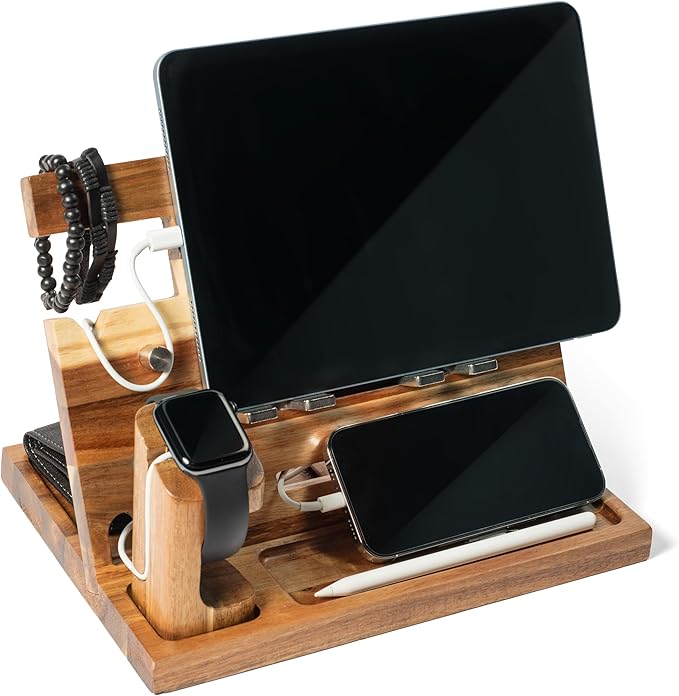 Wood Phone Docking Station for Men Nightstand Organizer Gifts for Him from Daughter Son Wife Christmas Anniversary Birthday Gift Ideas for Husband Him