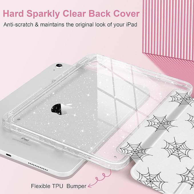 MEEgoodo Case for iPad A16 11th Generation 2025/10th Generation 2022 Glitter Tablet Cases with Transparent Acrylic Back+Trifold Stand +Pencil Holder+Auto Wake/SleepSpiderweb Pattern