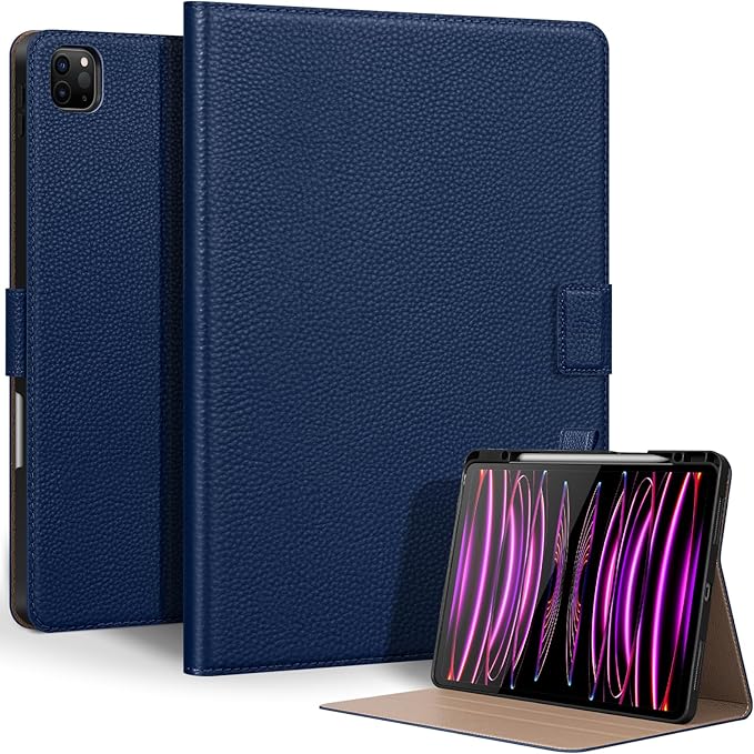 Genuine Leather Case for iPad Pro 13 inch (M5/M4) 2025/2024 with Pencil Holder | Slim Protective Cover with Adjustable StandMagnetic ClosureAuto Wake/Sleep Premium Leather | Blue