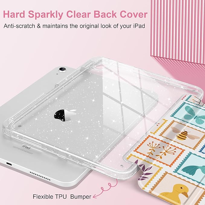 MEEgoodo Case for iPad A16 11th Generation 2025/10th Generation 2022 Glitter Tablet Cases with Transparent Acrylic Back+Trifold Stand +Pencil Holder+Auto Wake/SleepPost Stamps with Natura