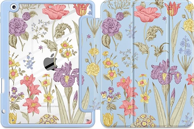 DONGKE for iPad 9th/8th/7th Generation Case 10.2 Inch (2021/2020/2019) [Auto Sleep/Wake &amp Pencil Holder] Clear Acrylic Back Trifold Stand Cover Blue Botanical Floral