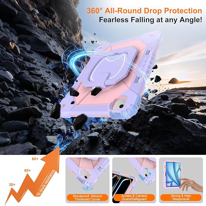 Case for iPad Air 13 Inch Case M4 2026/M3 2025/ M2 2024 Auorld for iPad Air 13 Inch Case M4 2026 Case with Screen Protector 360 Degree Rotating Stand Shoulder Strap Pencil Holder Purple Pink
