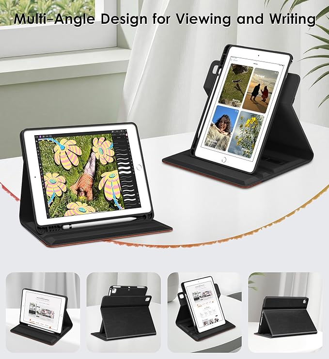 DTTO for iPad 6th / 5th Generation 9.7 Inch (2018/2017) iPad Air 2 / Air 1 Case 360 Degree Rotating Premium Leather Folio Stand Cover with Pencil Holder Black Brown