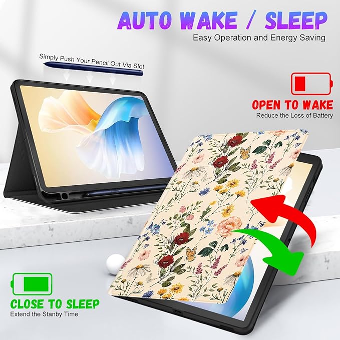 for Samsung Galaxy Tab S9 Plus Case 12.4 Inch 2023 Women Girls Cute Folio Cover with Pencil Holder Kawaii Design Girly Flower Floral Pretty Unique Tablet Case