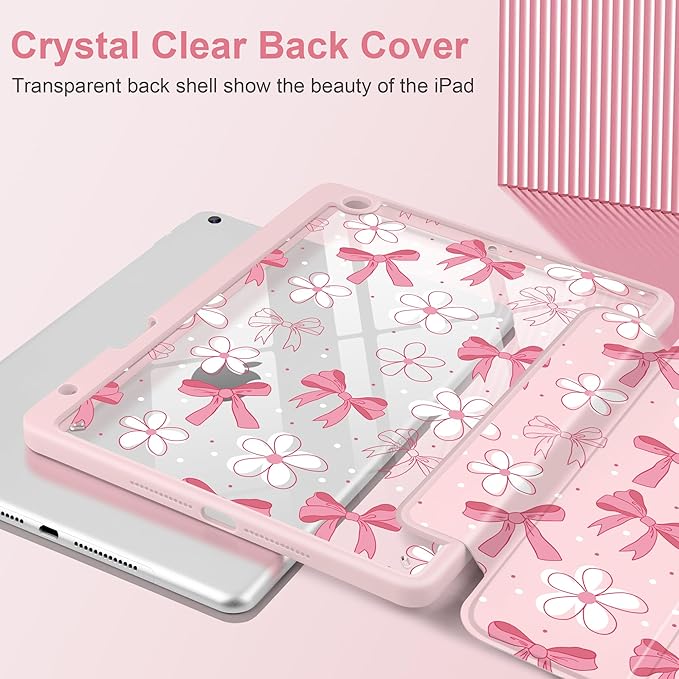 DONGKE for iPad 9th/8th/7th Generation Case 10.2 Inch (2021/2020/2019) [Auto Sleep/Wake &amp Pencil Holder] Clear Acrylic Back Trifold Stand Cover Bow &amp Daisy