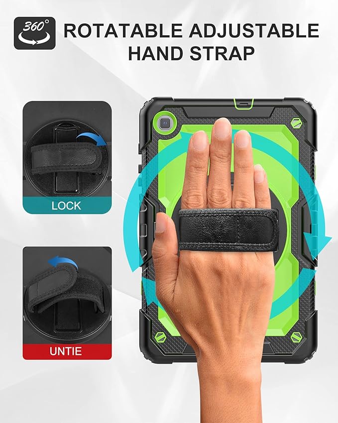 Case for Samsung Galaxy Tab S6 Lite Case 10.4 [with Tempered Glass Screen Protector] 2024/2022/2020 (SM-P610/P615/P613/P619) Rotating Kickstand Shoulder &amp Hand Strap (Green)