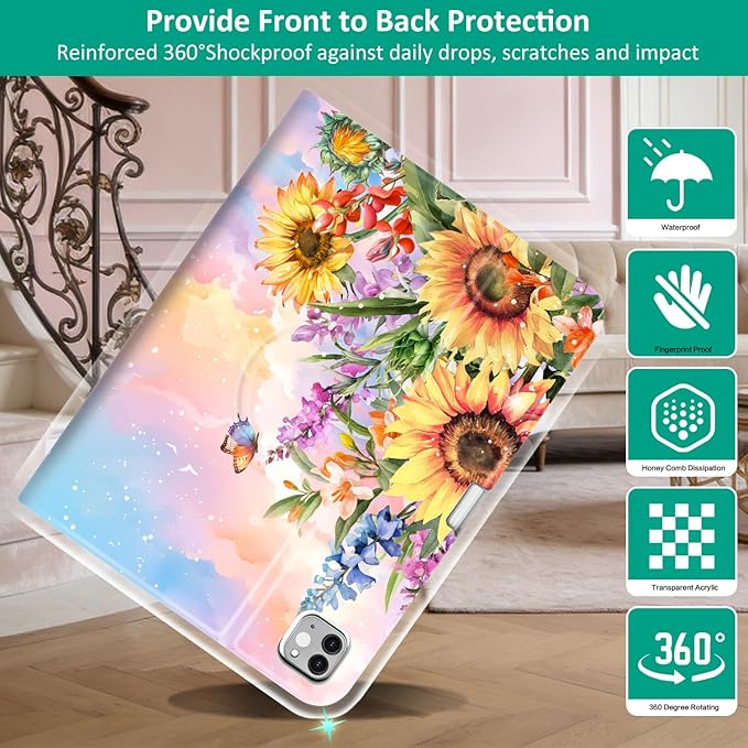 Lokigo Rotating Case for iPad Air 11 M4/M3/M2 (2026/2025/2024) iPad Air 5th/4th Gen (2022/2020) 10.9 Inch iPad Pro 11 Inch (4th/3rd/2nd/1st) 360 Degree Stand Cover with Pencil Holder Sunflower