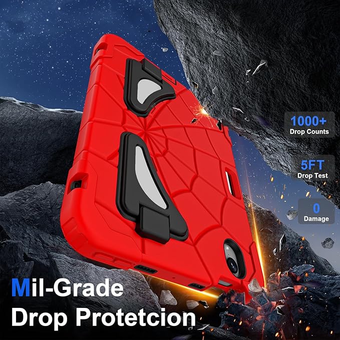 Kids Case for iPad mini 7 A17 Pro 2024/ Mini 6 8.3 inch Spider Case for iPad mini 7th 6th Generation Shockproof Durable Full Protective Cover with Pencil Holder Kickstand (Red+Black)