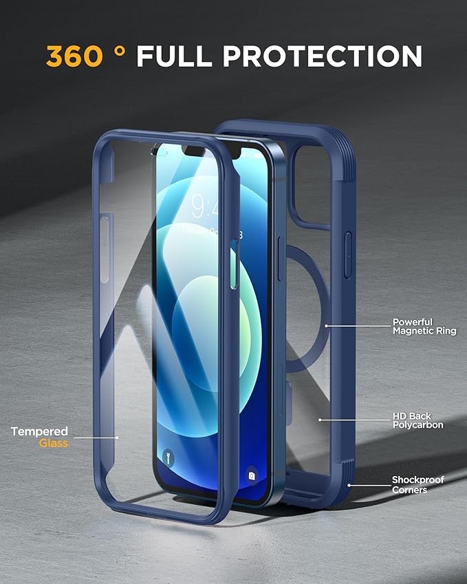 Miracase Magnetic for iPhone 12 mini Case [360 Full-Body Protection &amp Complete Camera Guard] Drop &amp Scratch-Resistant Shockproof Stylish Clear iPhone Case iPhone 12 mini Cover Blue