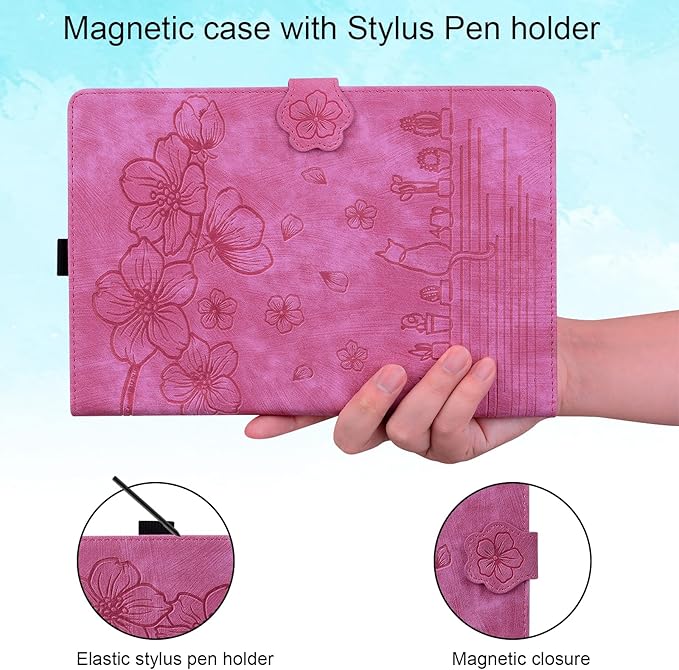 Case for Samsung Galaxy Tab S10 FE+/S10 FE Plus 13.1 Inch 2025 (SM-X620/SM-X626B) with Pencil Holder/Pockets Folio Stand Embossed Cherry Blossom PU Leather Magnetic Wallet Cover Rose Cat
