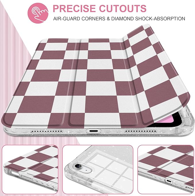 DONGKE for iPad Pro 11 inch Case – Fits M5 2025 / M4 2024 Shockproof Sparkling Glitter Acrylic Back Pencil Holder Trifold Stand Auto Sleep/Wake &amp Touch ID Support - Brown Checkerboard