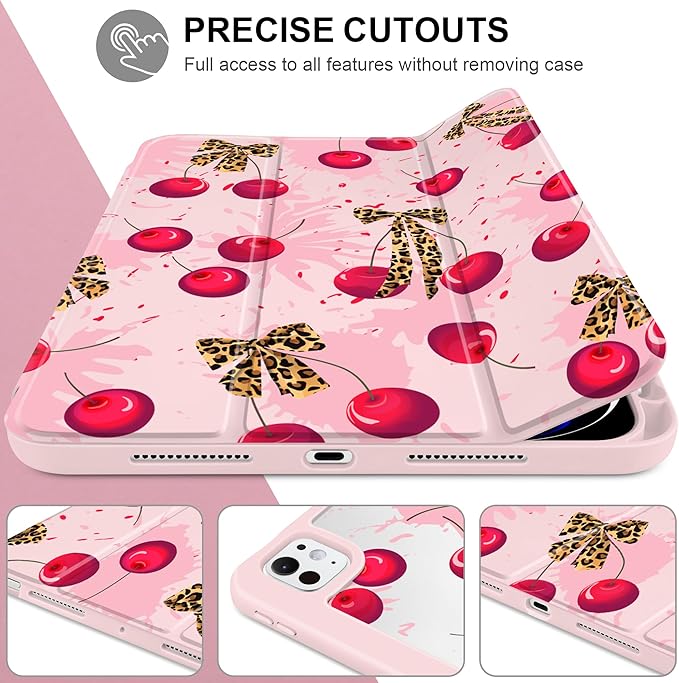 Case for iPad Pro 11 Inch (M5 2025 M4 2024) – [Built-in Pencil Holder] Shockproof &amp Stylish Clear Hard Back + Soft TPU Edge Magnetic Trifold Stand Auto Wake/Sleep Cherry &amp Leopard
