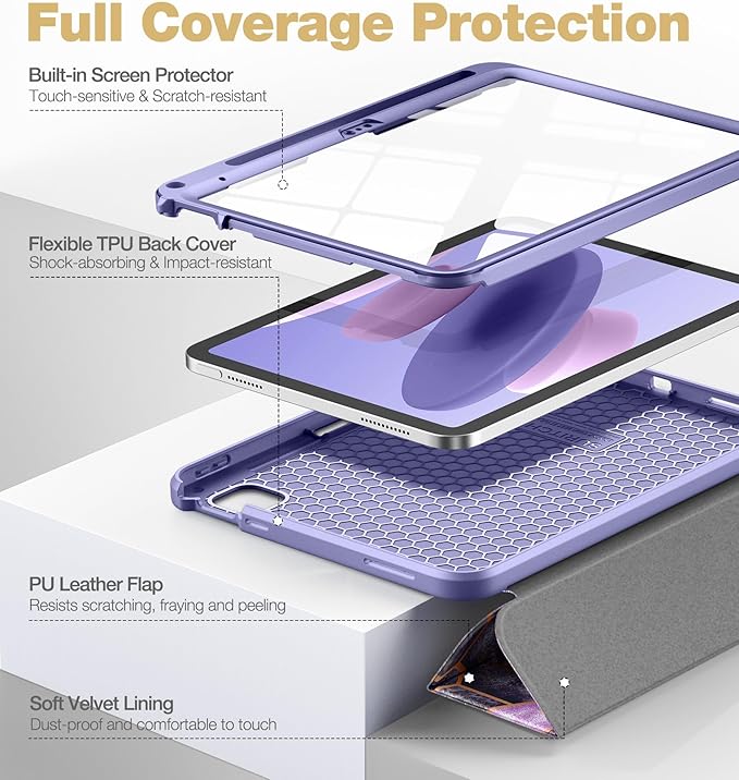 SURITCH Case for iPad (A16) 11th Generation 11 Inch 2025/iPad 10th Generation 10.9 Inch 2022 with Screen Protector Pencil Holder Tri-fold Stand Auto Wake/Sleep Shockproof Protection Lavender