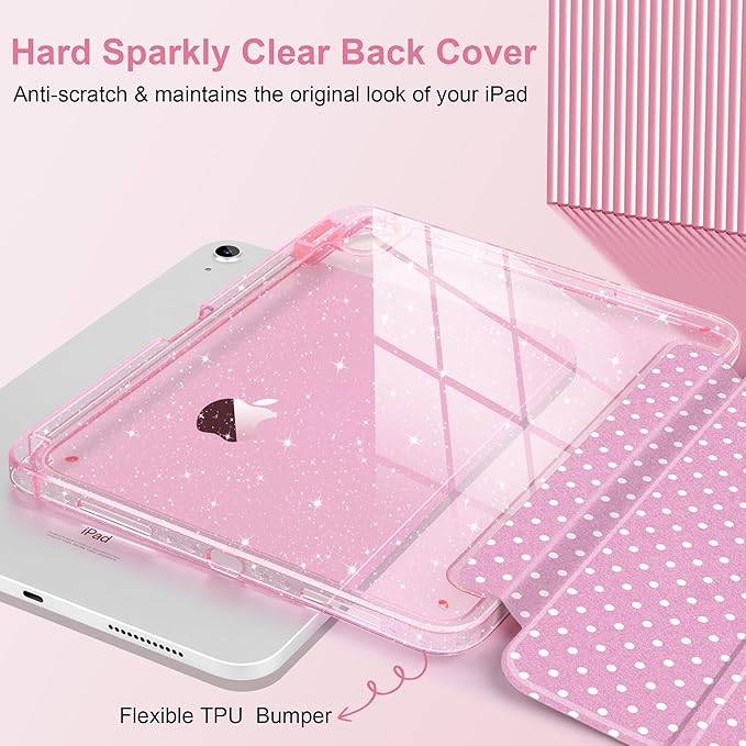 MEEgoodo Case for iPad A16 11th Generation 2025/10th Generation 2022 Glitter Tablet Cases with Transparent Acrylic Back+Trifold Stand +Pencil Holder+Auto Wake/SleepCherry Blossom Pink&ampPolka Dots