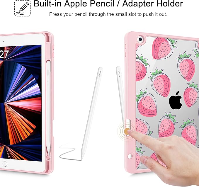 for iPad 9th Generation with Pencil Holder iPad 8th/7th Gen Case 10.2-inch [Built in Pencil Holder] Trifold Stand Auto Wake/Sleep Clear TPU Protection Back Cover Strawberries
