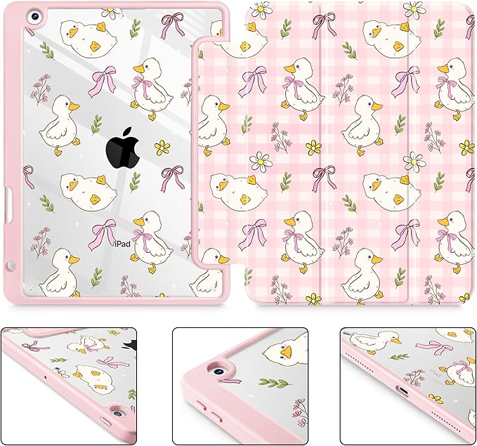 for iPad 9th Generation with Pencil Holder iPad 8th/7th Gen Case 10.2-inch [Built in Pencil Holder] Trifold Stand Auto Wake/Sleep Clear TPU Protection Back Cover Duck &amp Bow