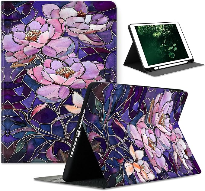 Compatible with iPad Air 13 inch Case (M3 2025 /M2 2024)/12.9 inch Case (6th/5th/4th/3rd 2022/2021/2020/2018) with Pencil HolderAuto Wake/Sleep Protect CoverStained Glass Flower Floral Purple
