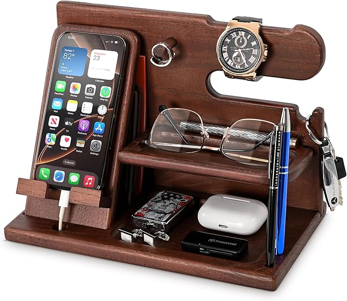 TESLYAR Wood Phone Docking Station for Men - Desk or Nightstand Organizer - Birthday Gifts for Husband or Dad - Anniversary Idea from Wife - Key Holder - Stand Wallet Watch &amp Essentials (Chestnut